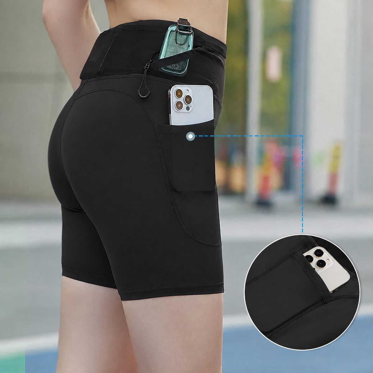 Short de Compressão Feminino com Bolsos, Cintura Alta